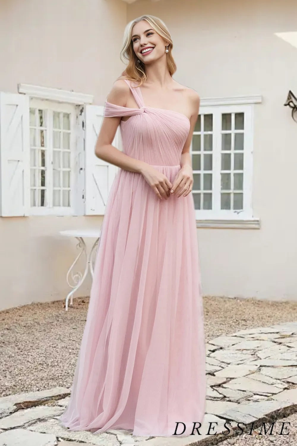 Dressime A Line One Shoulder Tulle Floor Length Bridesmaid Dress dressime