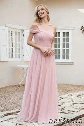 Dressime A Line One Shoulder Tulle Floor Length Bridesmaid Dress dressime