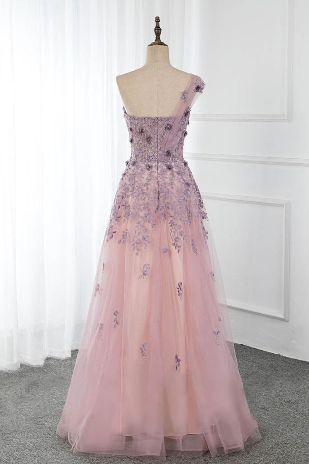 Dressime A Line One Shoulder Tulle Long Prom Dress With Appliques Beaded dressime