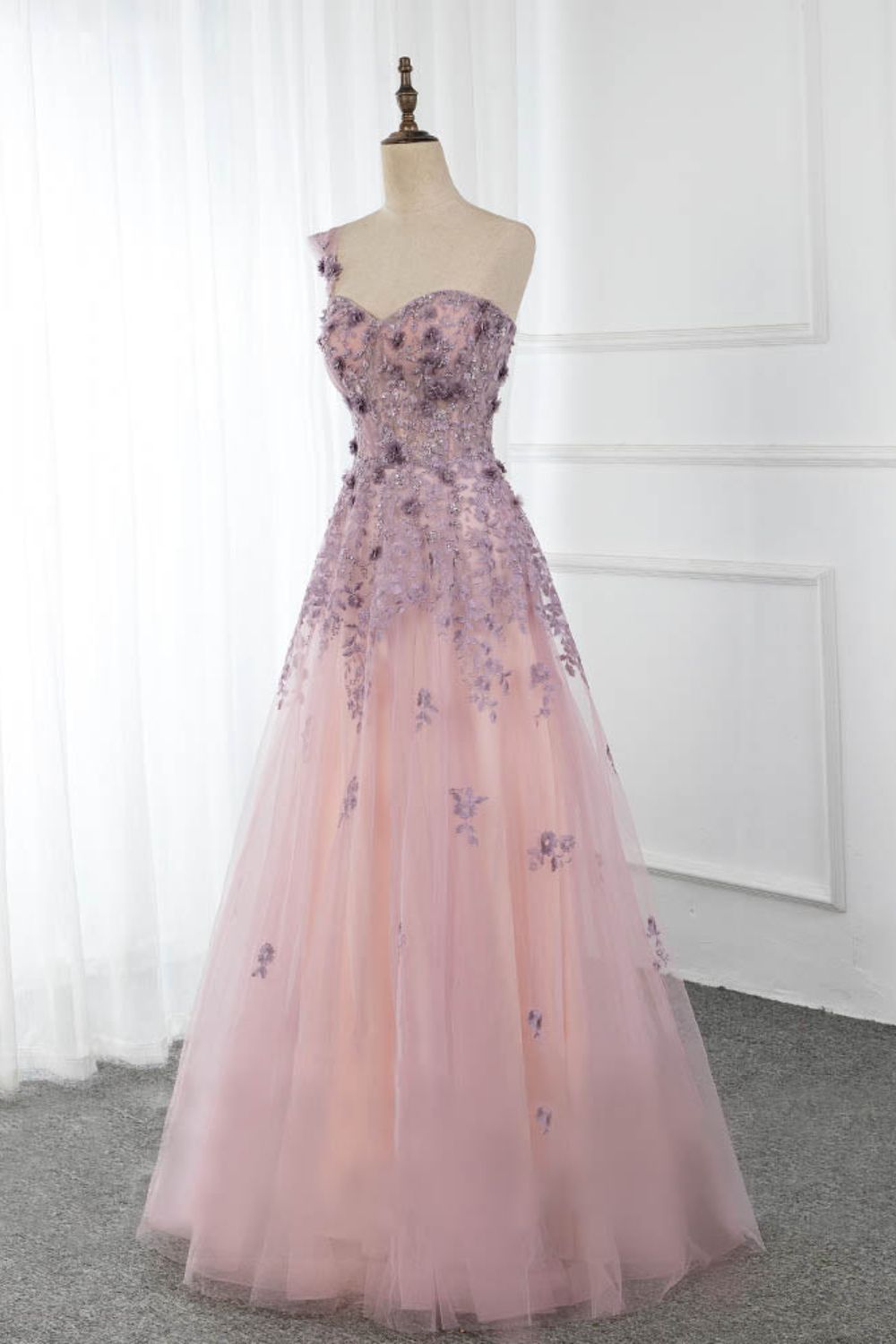 Dressime A Line One Shoulder Tulle Long Prom Dress With Appliques Beaded dressime