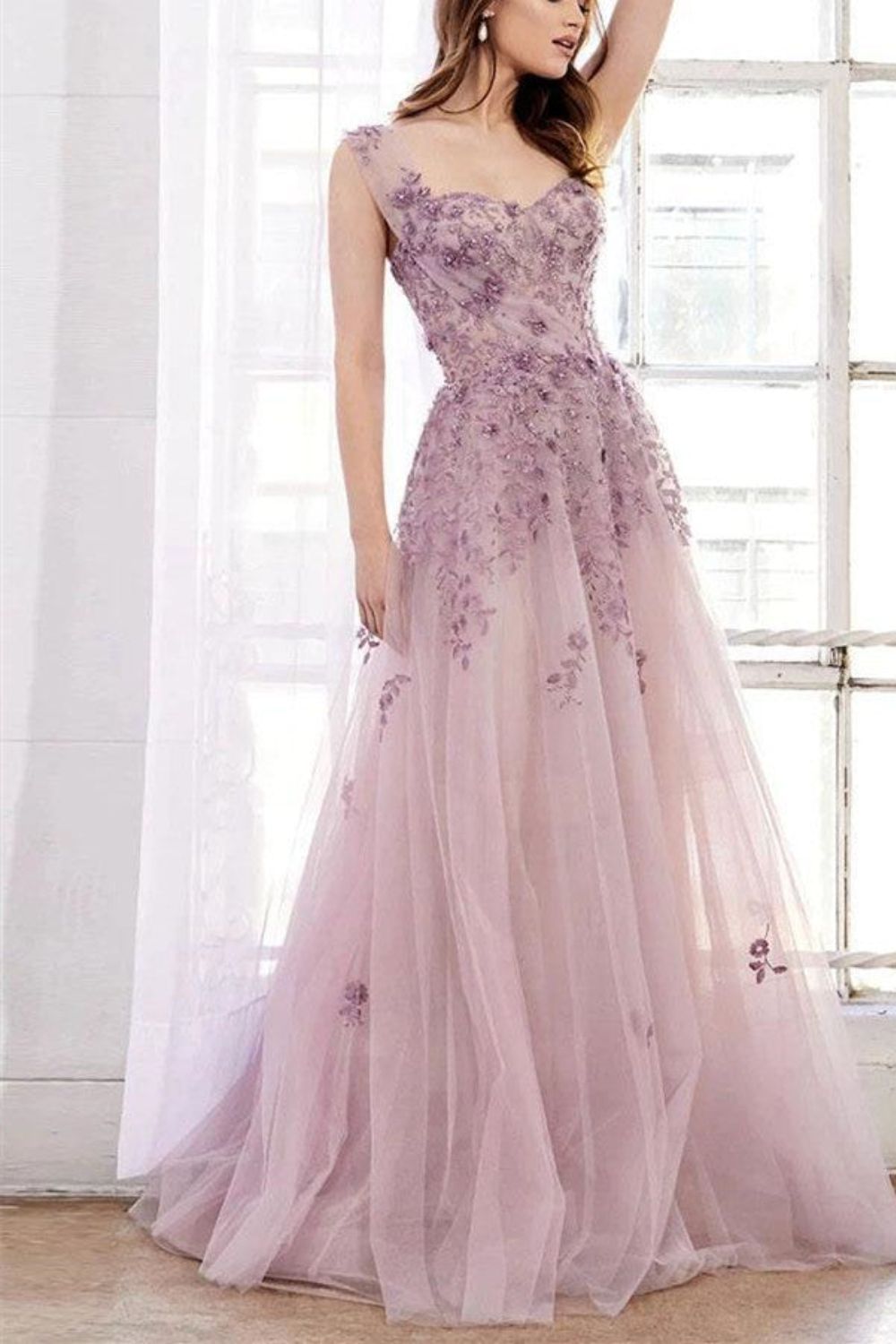 Dressime A Line One Shoulder Tulle Long Prom Dress With Appliques Beaded dressime