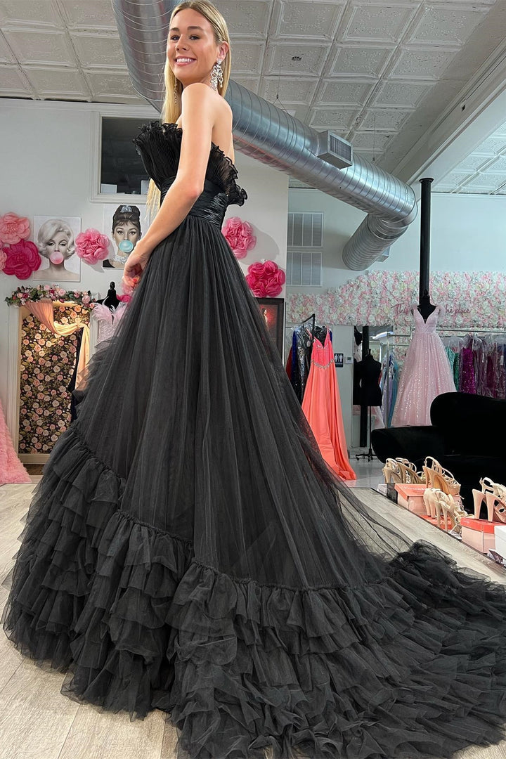 dressimeA-Line Organza Strapless Belted Tiered Prom Dress with Ruffles 