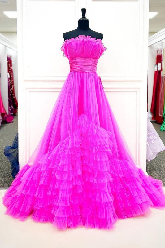 dressimeA-Line Organza Strapless Belted Tiered Prom Dress with Ruffles 