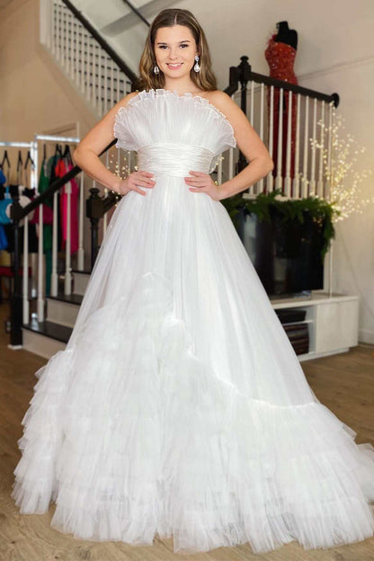 dressimeA-Line Organza Strapless Belted Tiered Prom Dress with Ruffles 