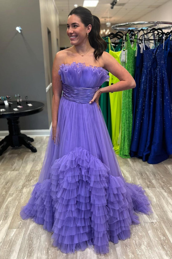 dressimeA-Line Organza Strapless Belted Tiered Prom Dress with Ruffles 