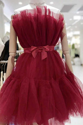 Dressime A Line Pink Tulle Above-Knee Homecoming Cocktail Dress With Bowknot dressime