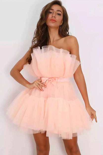 Dressime A Line Pink Tulle Above-Knee Homecoming Cocktail Dress With Bowknot dressime