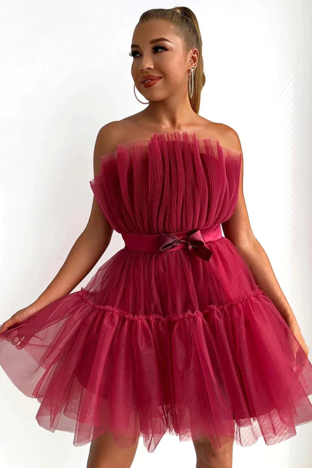 Dressime A Line Pink Tulle Above-Knee Homecoming Cocktail Dress With Bowknot dressime