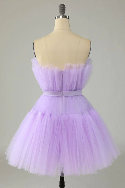 Dressime A Line Pink Tulle Above-Knee Homecoming Cocktail Dress With Bowknot dressime