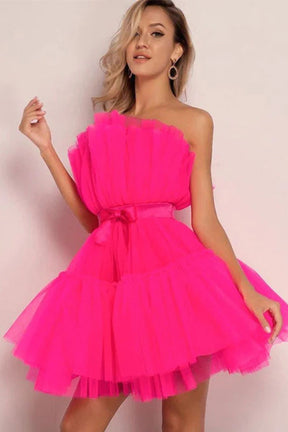 Dressime A Line Pink Tulle Above-Knee Homecoming Cocktail Dress With Bowknot dressime