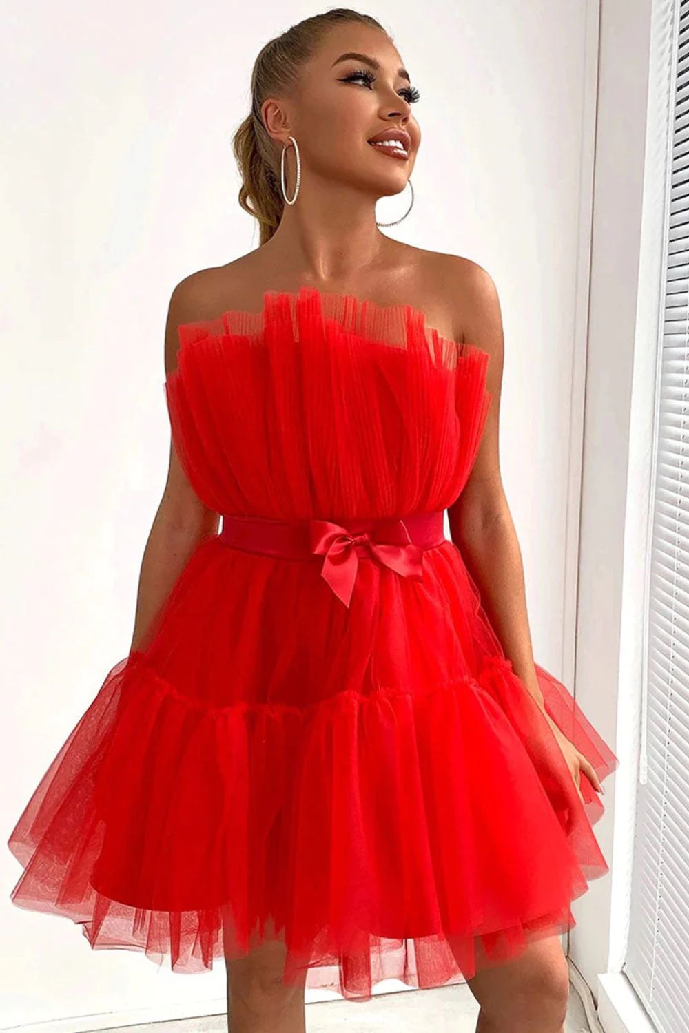 Dressime A Line Pink Tulle Above-Knee Homecoming Cocktail Dress With Bowknot dressime