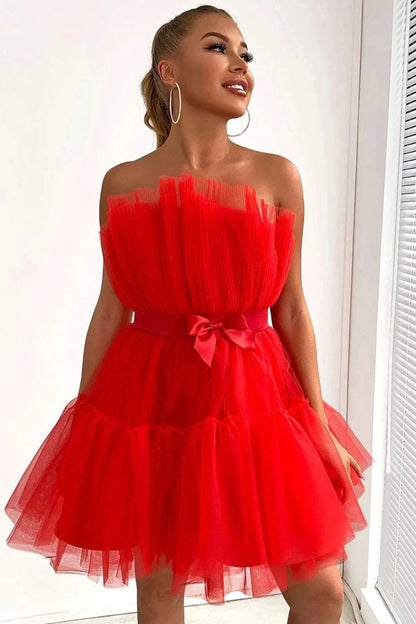 Dressime A Line Pink Tulle Above-Knee Homecoming Cocktail Dress With Bowknot dressime