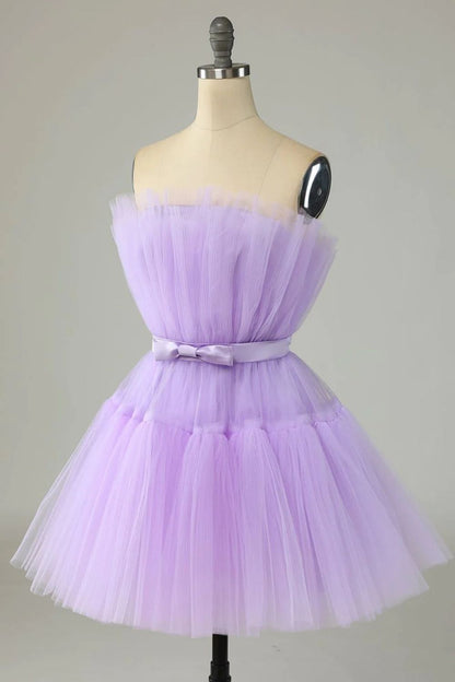 Dressime A Line Pink Tulle Above-Knee Homecoming Cocktail Dress With Bowknot dressime