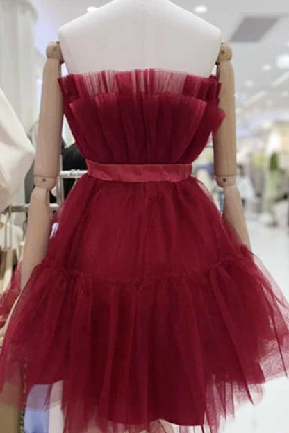 Dressime A Line Pink Tulle Above-Knee Homecoming Cocktail Dress With Bowknot dressime