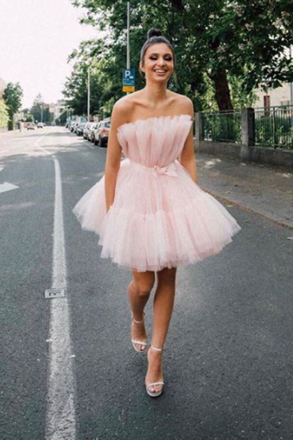 Dressime A Line Pink Tulle Above-Knee Homecoming Cocktail Dress With Bowknot dressime