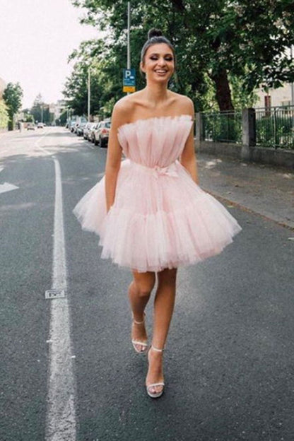 Dressime A Line Pink Tulle Above-Knee Homecoming Cocktail Dress With Bowknot dressime