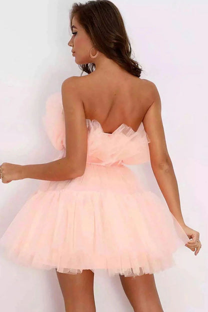 Dressime A Line Pink Tulle Above-Knee Homecoming Cocktail Dress With Bowknot dressime