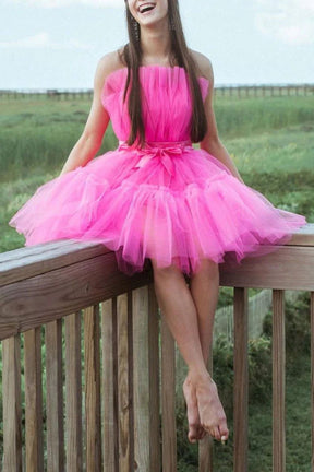 Dressime A Line Pink Tulle Above-Knee Homecoming Cocktail Dress With Bowknot dressime