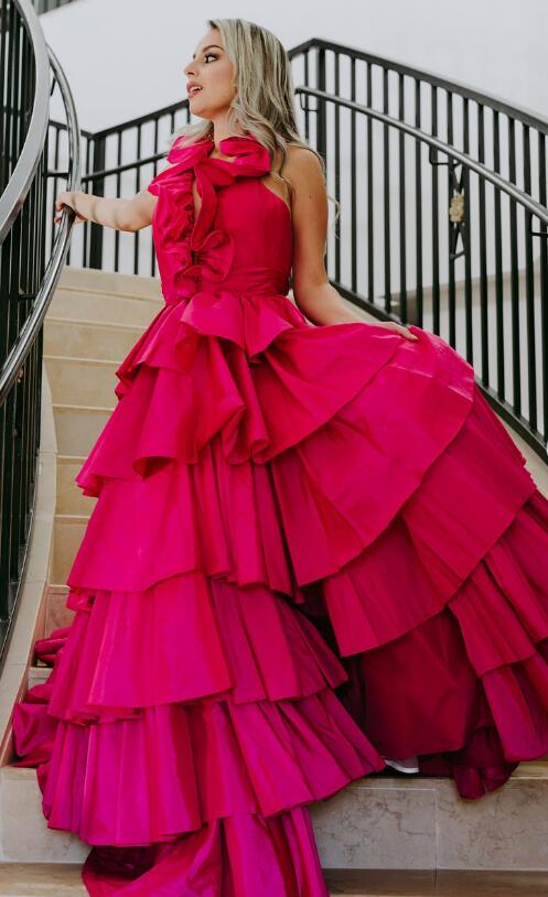 Dressime A Line Plunge V Ruffle Tiered Long Prom Dress with Slit dressime