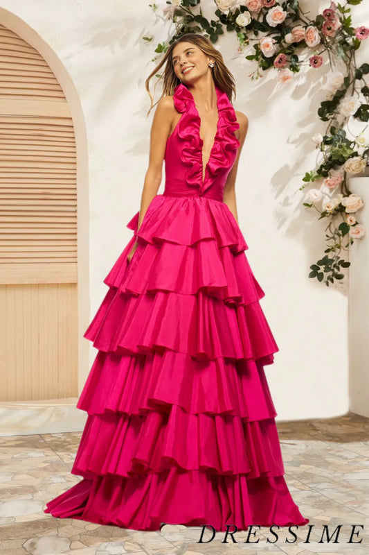 Dressime A Line Plunge V Ruffle Tiered Long Prom Dress with Slit dressime