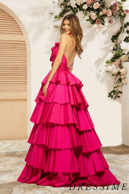 Dressime A Line Plunge V Ruffle Tiered Long Prom Dress with Slit dressime