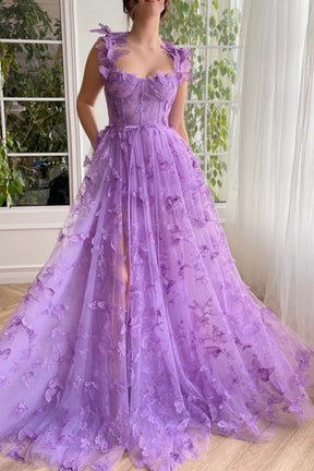 dressimeA-Line/Princess Sleeveless Spaghetti Straps Floor-Length Butterfly Tulle Prom Dresses 