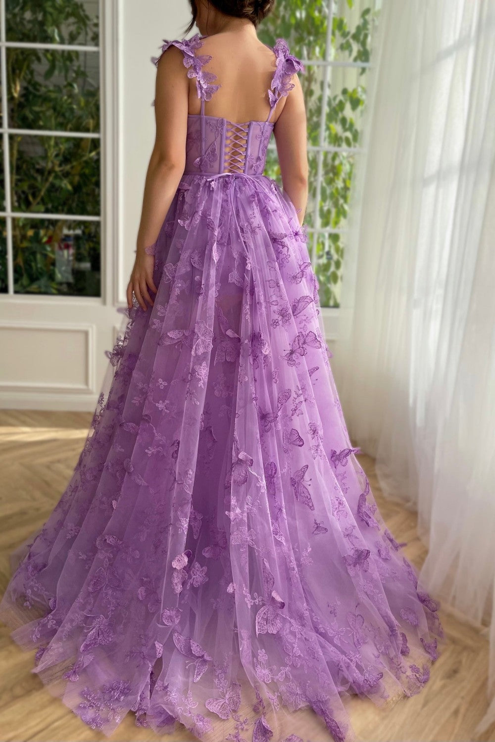 dressimeA-Line/Princess Sleeveless Spaghetti Straps Floor-Length Butterfly Tulle Prom Dresses 