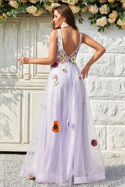 dressimeA-Line/Princess V-Neck Sleeveless Floor-Length Flower Tulle Prom Dresses 