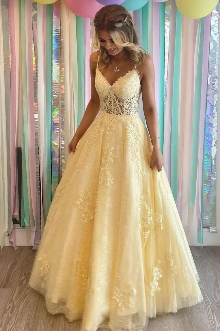 dressimeDressime A Line Princess V-Neck Tulle Long Prom Dress With Appliques 