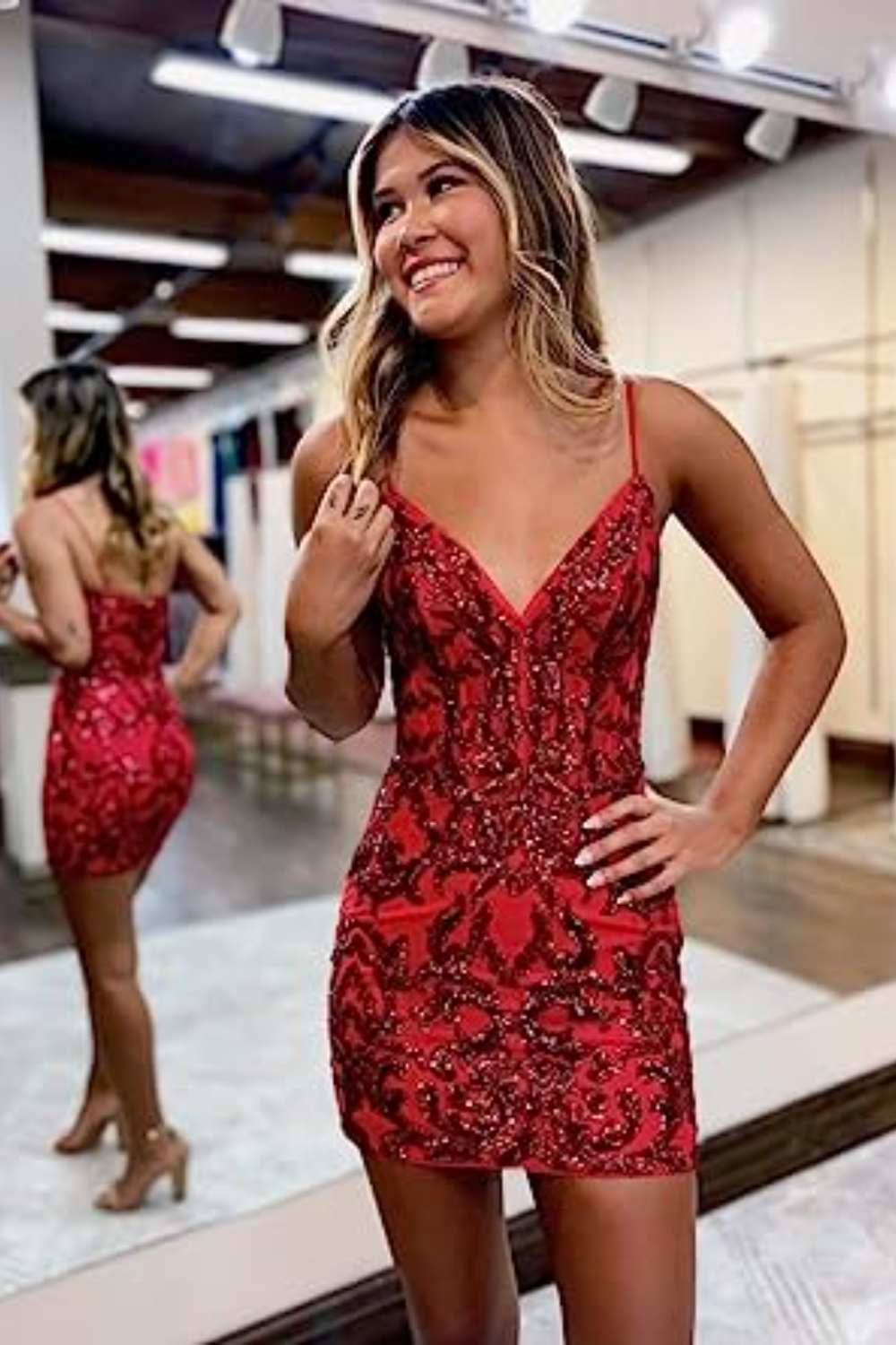 dressimeA Line Red V-neck Sequin Spaghetti Straps Homecoming Dress 