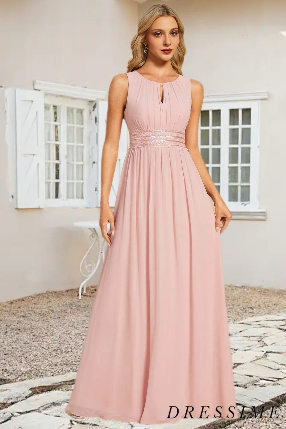 Dressime A-Line Round Neck Floor Length Chiffon Bridesmaid Dress dressime