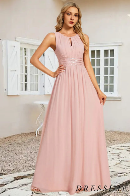 Dressime A-Line Round Neck Floor Length Chiffon Bridesmaid Dress dressime