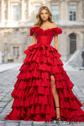 Dressime A Line Ruffle Off the Shoulder Tiered Long Prom Dresse With Slit dressime