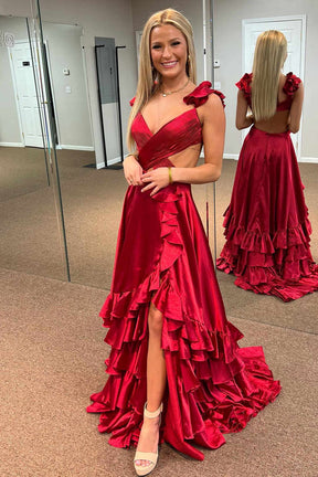 dressimeA Line Ruffled Straps Pleated Tiered Long Prom Dress 