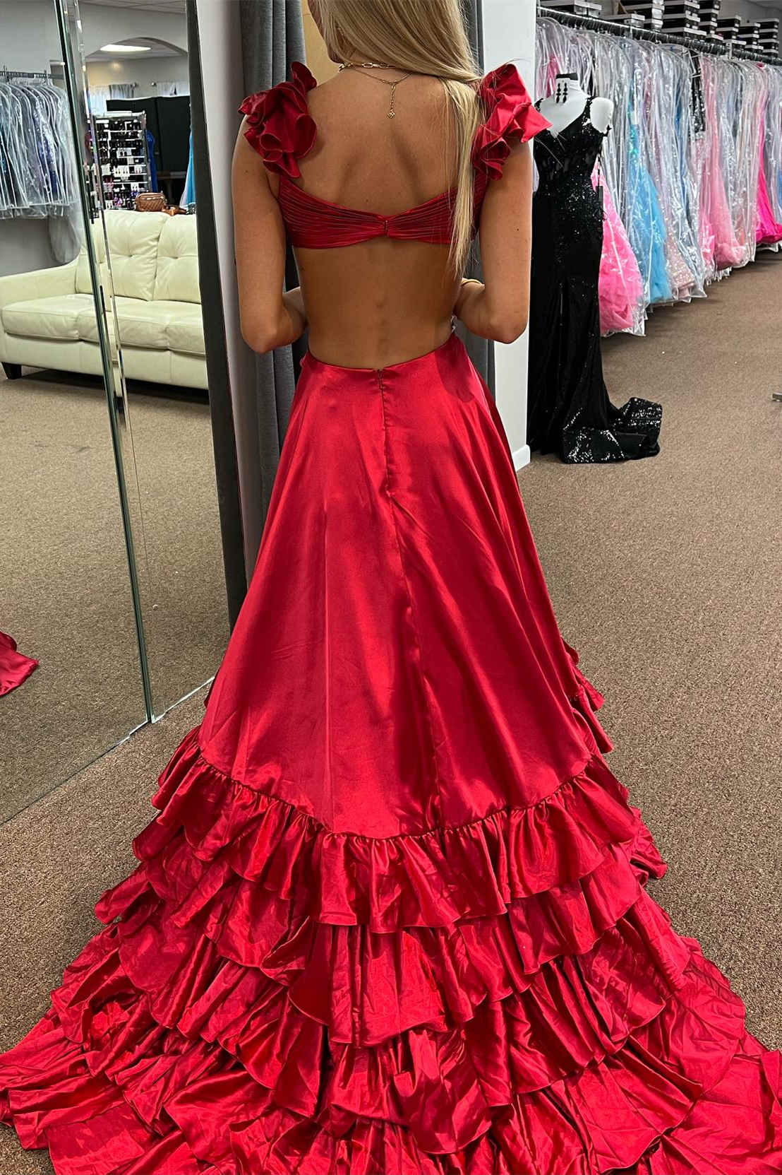 dressimeA Line Ruffled Straps Pleated Tiered Long Prom Dress 