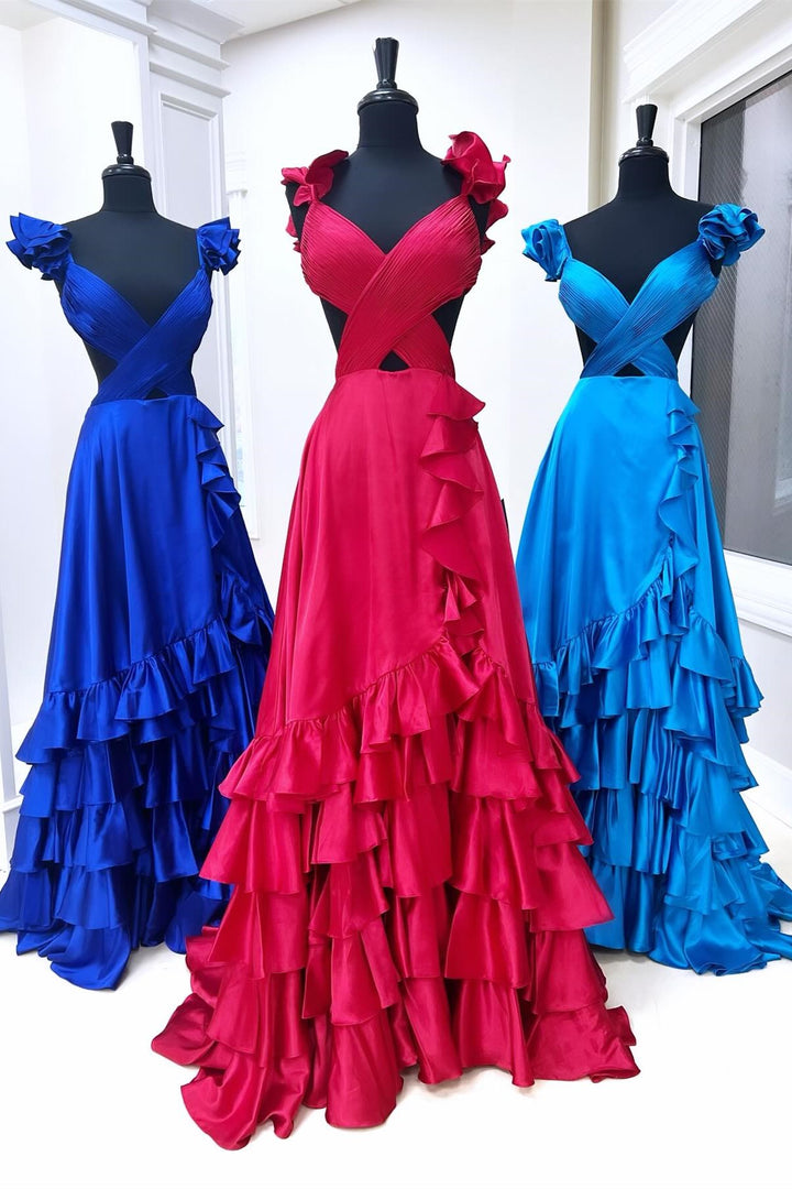 Dressime A Line Ruffled Straps Pleated Tiered Long Prom Dress dressime