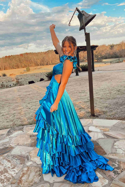 dressimeA Line Ruffled Straps Pleated Tiered Long Prom Dress 