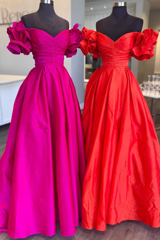 dressimeA-Line Satin Off The Shoulder Ruffled Sleeve Prom Dresses 