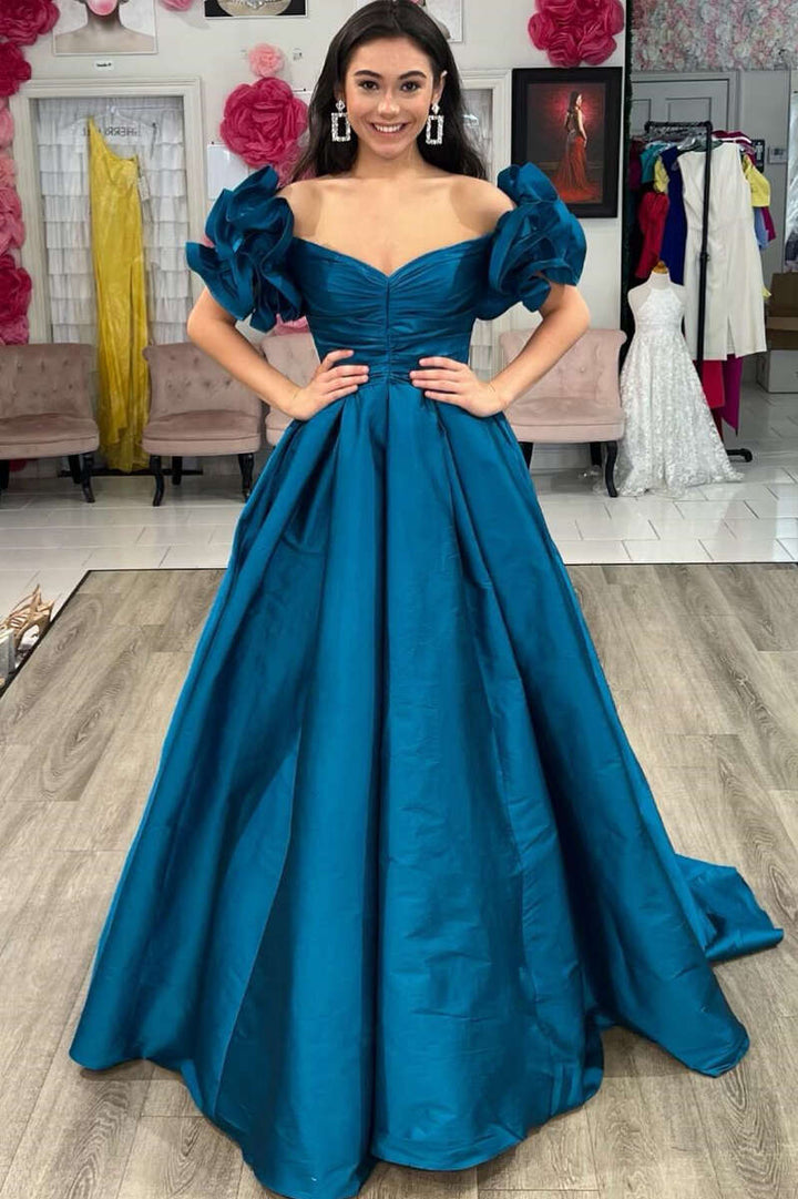 dressimeA-Line Satin Off The Shoulder Ruffled Sleeve Prom Dresses 