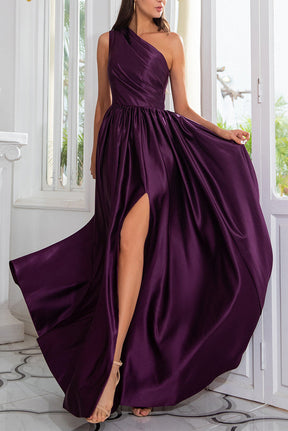 Dressime A Line Satin One Shoulder Prom Dress With Side Split dressime