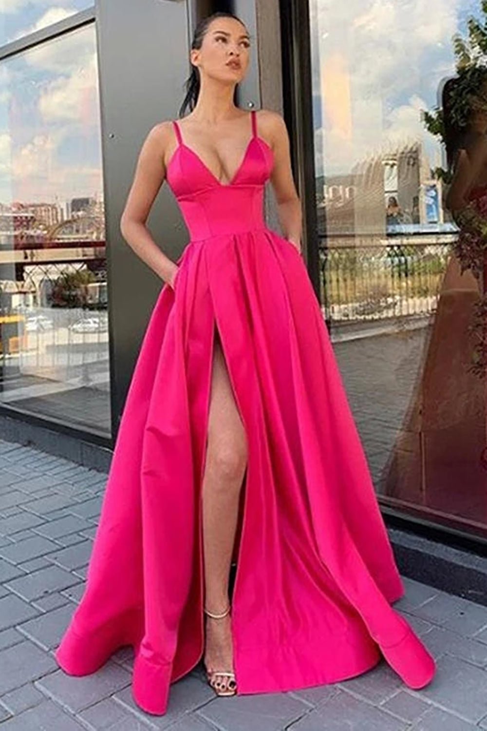 dressimeA Line Satin Spaghetti Straps Prom Dresses With Slit 