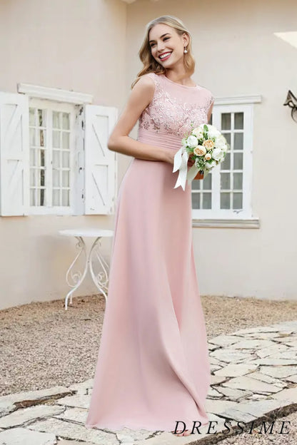 Dressime A Line Scoop Neck Chiffon Lace Long Bridesmaid Dress dressime