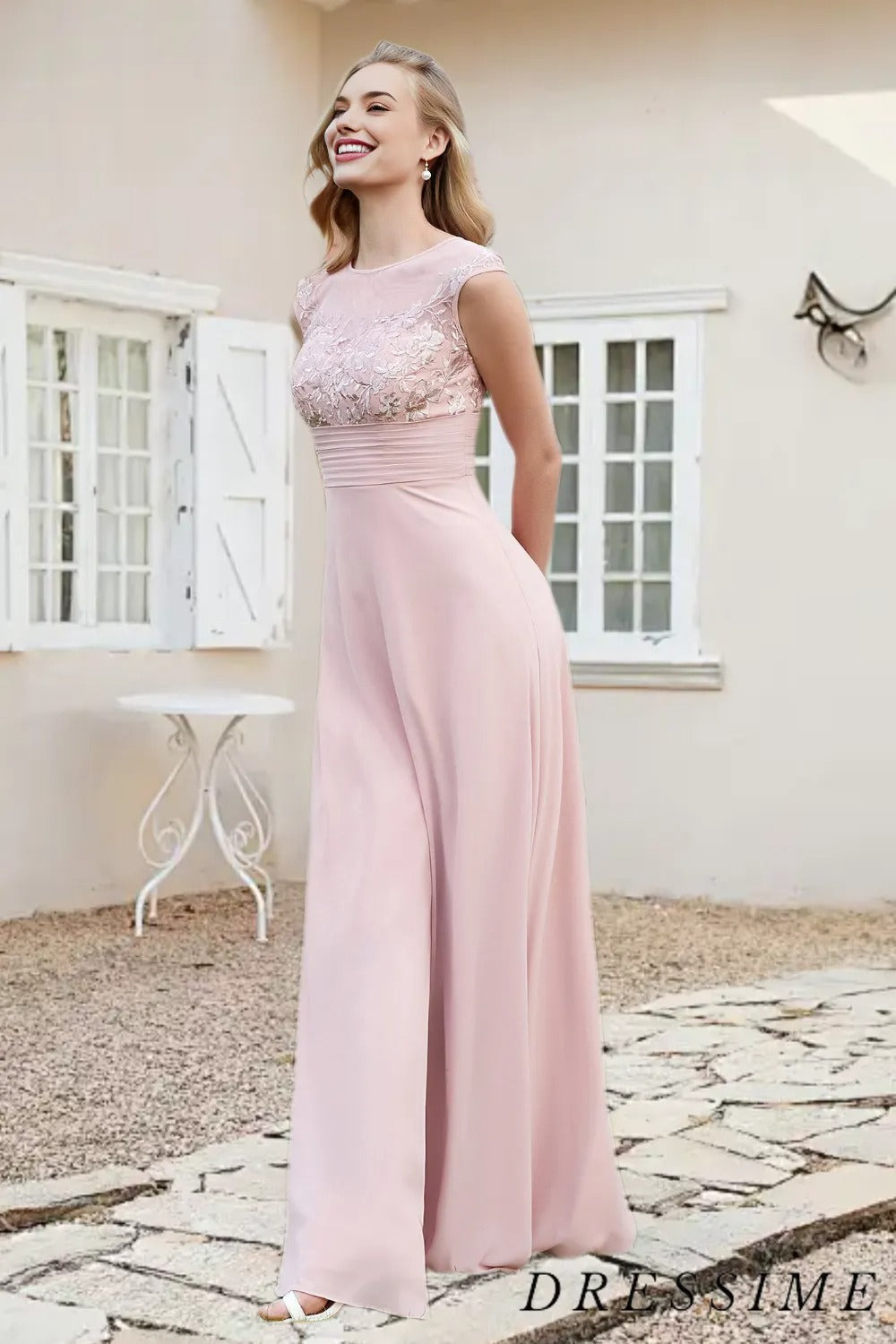 Dressime A Line Scoop Neck Chiffon Lace Long Bridesmaid Dress dressime