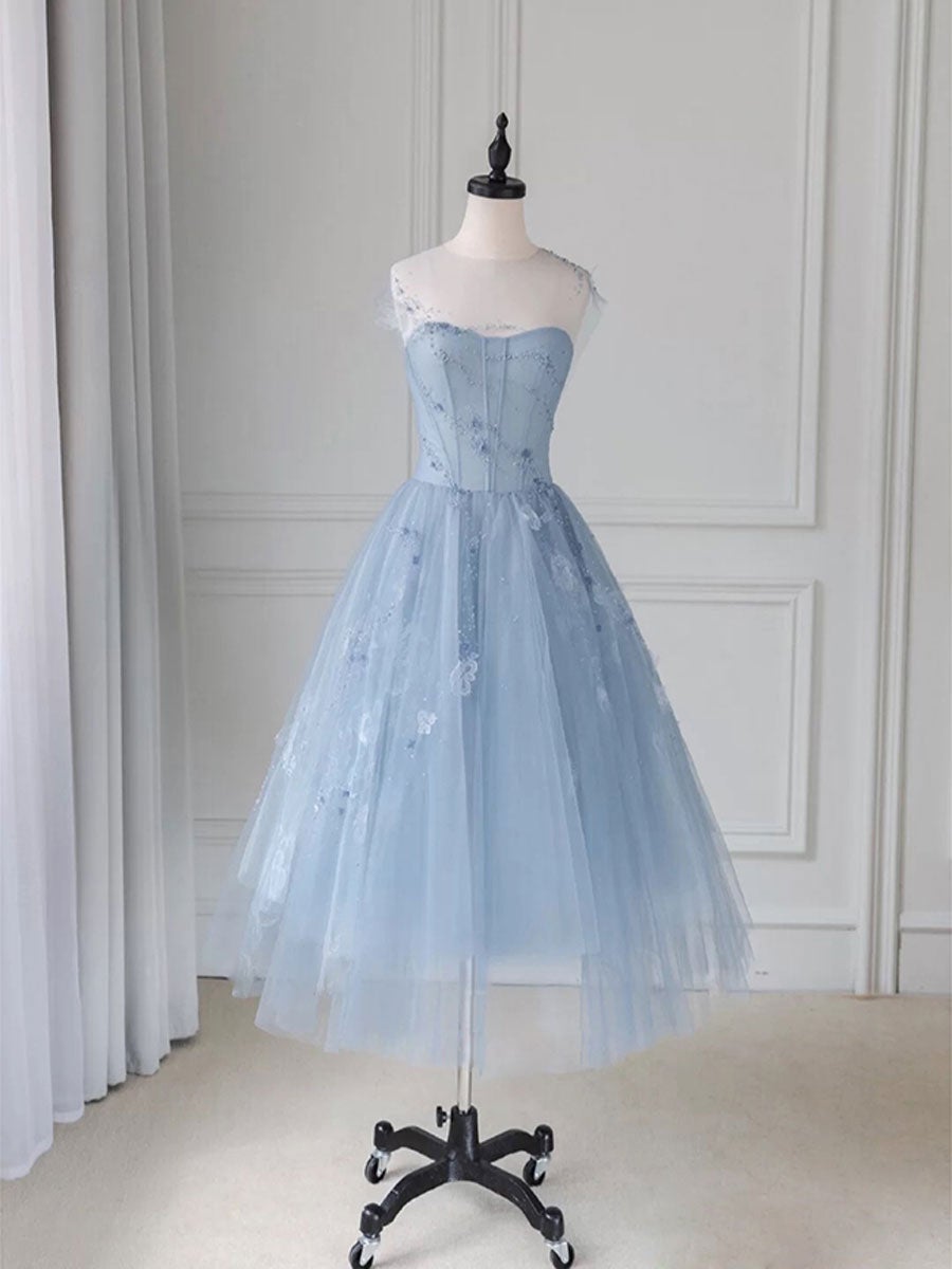 Dressime A Line Scoop Neck Tulle Short Ankle-Length Homecoming Dress With Appliques dressime