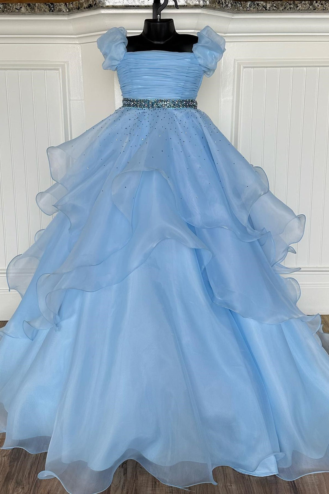 Dressime A Line Scoop Tulle Multi-Layer Girl Pageant Dress with Puff Sleeves dressime