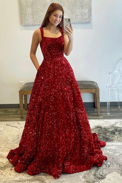 dressimeA-Line Sequins Straps Long Prom Dresses 