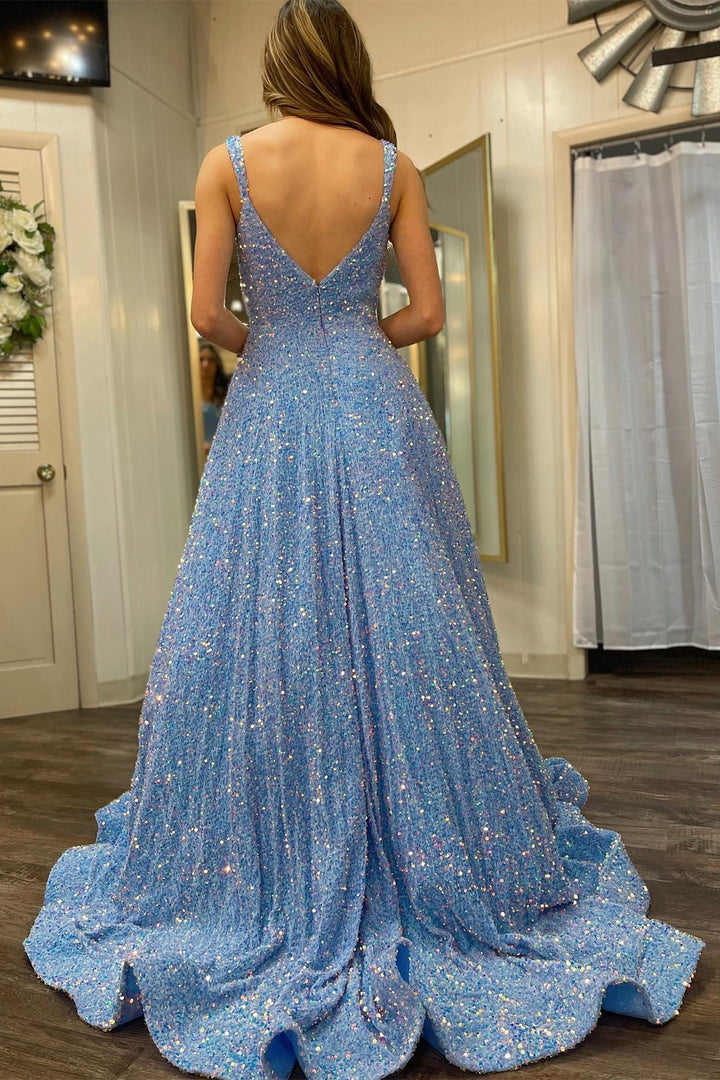 dressimeA-Line Sequins Straps Long Prom Dresses 