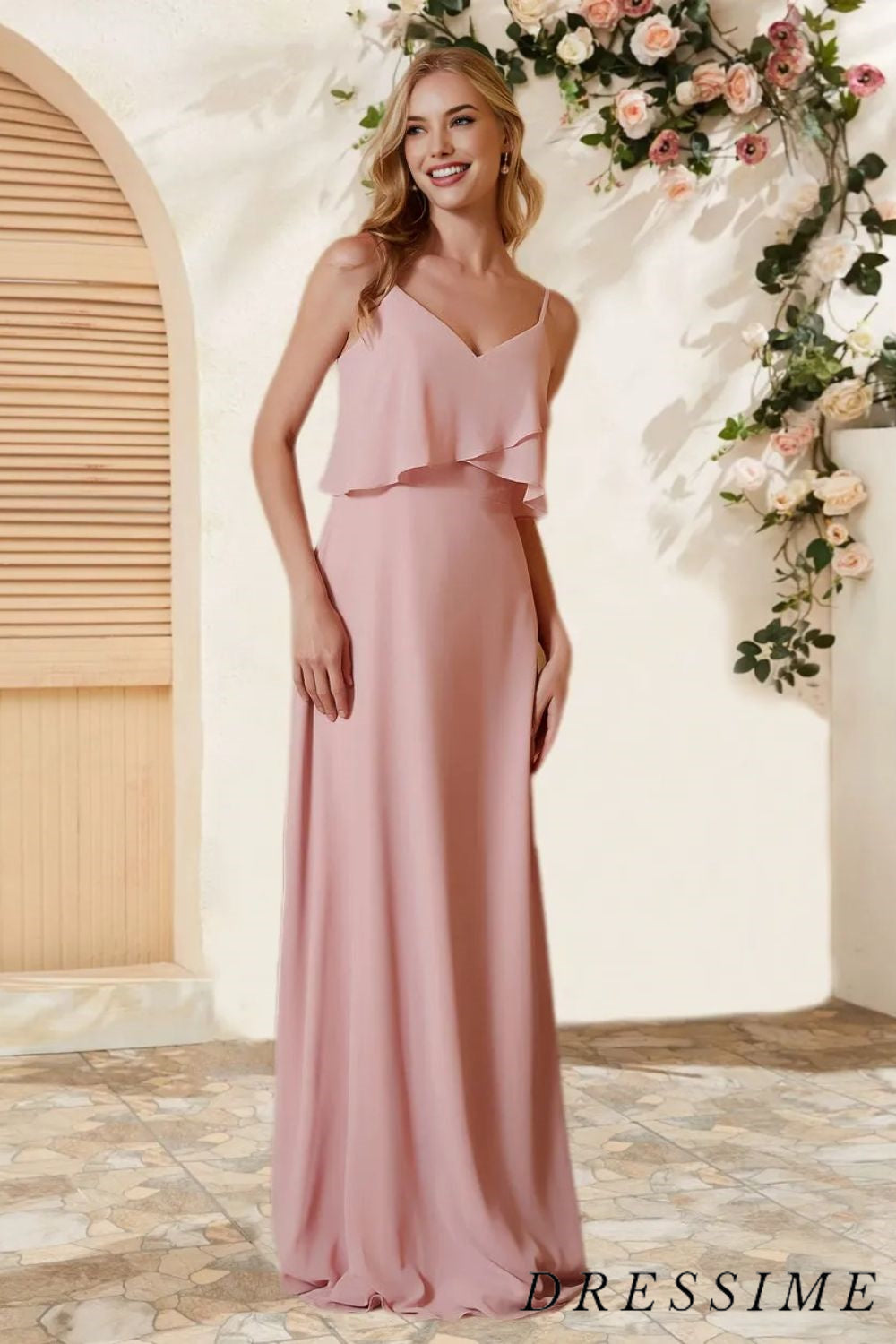 Dressime A Line Spaghetti Straps Chiffon Floor Length Bridesmaid Dress With Ruffles dressime