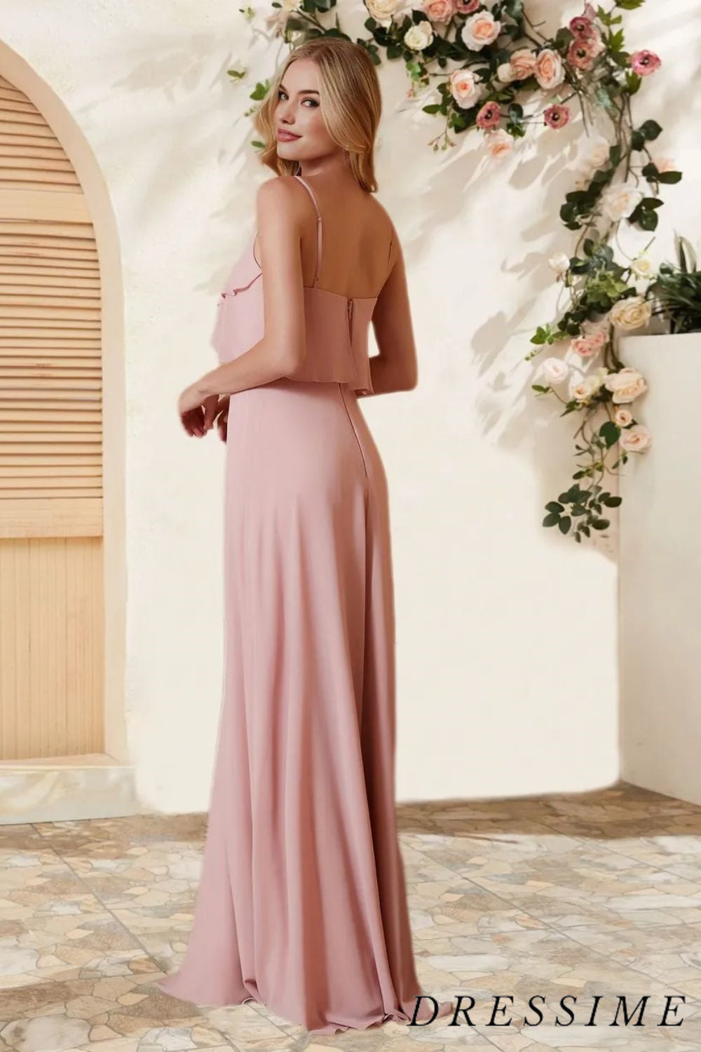 Dressime A Line Spaghetti Straps Chiffon Floor Length Bridesmaid Dress With Ruffles dressime