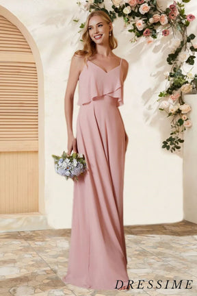 Dressime A Line Spaghetti Straps Chiffon Floor Length Bridesmaid Dress With Ruffles dressime